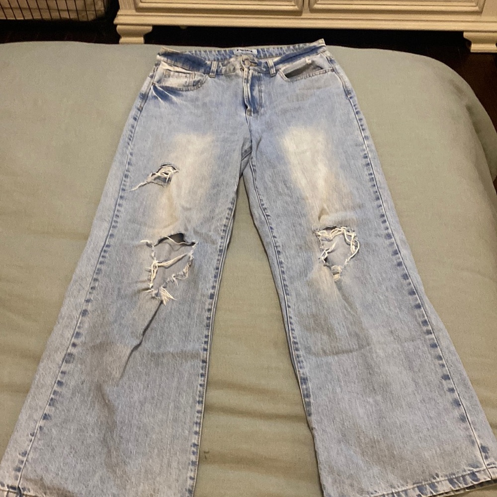 Washed, denim, wide leg jeans.